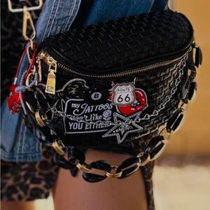 Charlie Maree Co Black Woven Crossbody Bag with Patches